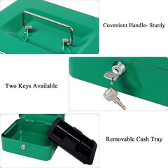 Medium Cash Box with Key Lock – Durable Metal Cash Box with Money Tray, Green…