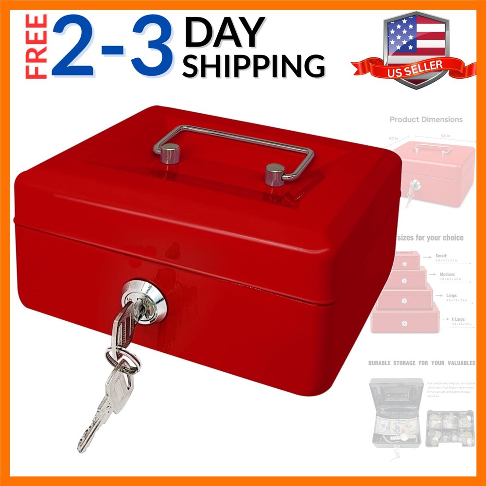 Steel Cash Box with Key Lock, Metal Small Money Organizer with Money Tray,Cas…