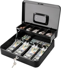 Cash Box with Key Lock Steel Coin Tray Portable Cash Drawer Black