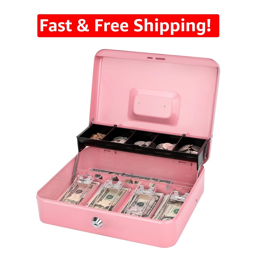 Stylish Pink Cash Box with Key Control – Perfect for Organizing Cash & Coins