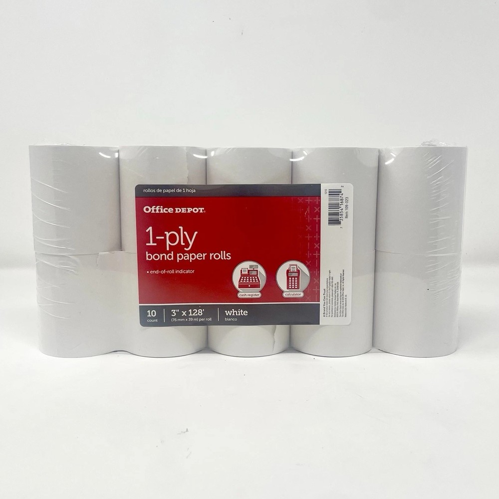 Office Depot 1-Ply Bond Paper Rolls 10 Count (3″ x 128′ Per Roll) White