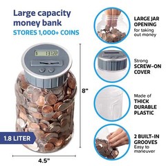 M&R Digital Coin Counting Bank Silver Top Jar Totals Savings for US Coins