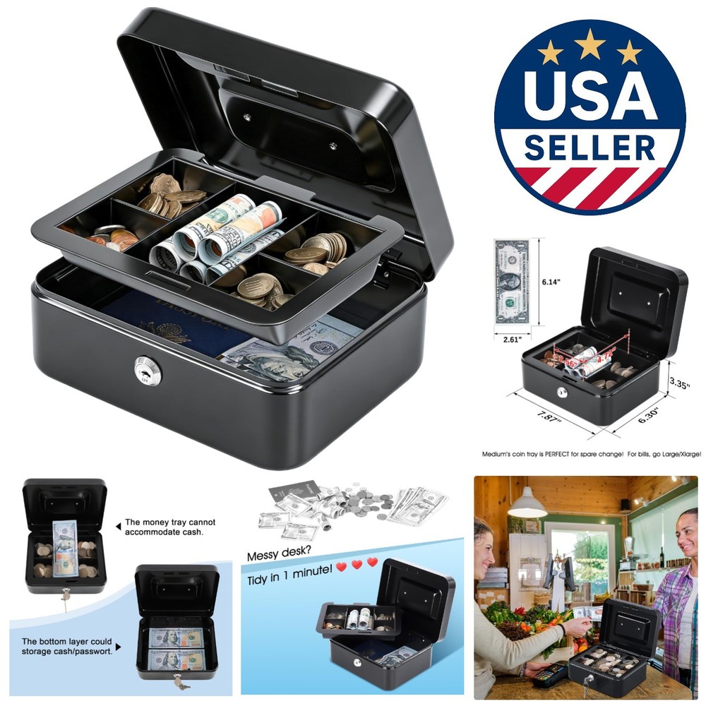 Medium Cash Box with Key Lock & Removable Tray – Portable Metal Storage Solution