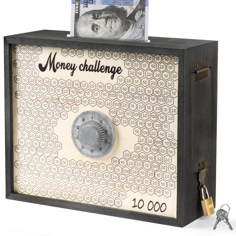 10000 Savings Challenge Box with Lock, Wooden Large 10k Money Saving Box Save…