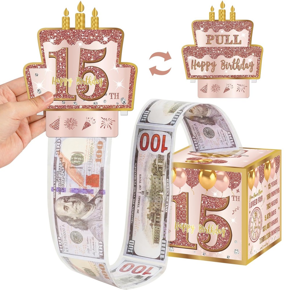 15th Birthday Decorations Pull-Out Money Gift Box for Girls – Pink Rose Gold …