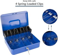 Locking Cash Box with Lock,Money Box with Cash Tray,Lock Safe Box with Key,Blue