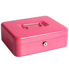 Large Cash Box, Money Tray, Key Lock, 9.8 x 7.9 x 3.5 inches, Pink, Metal
