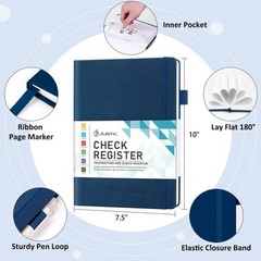 JUBTIC Check Register Book Large 7.5×10″ Ledger Personal Small Business Navy Blu