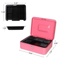 Large Cash Box, Money Tray, Key Lock, 9.8 x 7.9 x 3.5 inches, Pink, Metal