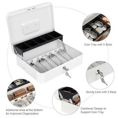 Cash Box with Lock and Money Tray Metal Lock Box 11.8 Inch White for Home