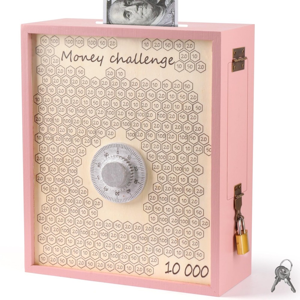 10000 Money Saving Box with Lock, Large Wooden 10k Savings Challenge Box $10,…