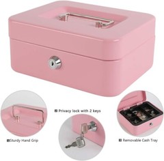 Secure Medium Pink Cash Box with Key Lock and Coin Organizer – 7.87″ x 6.30″