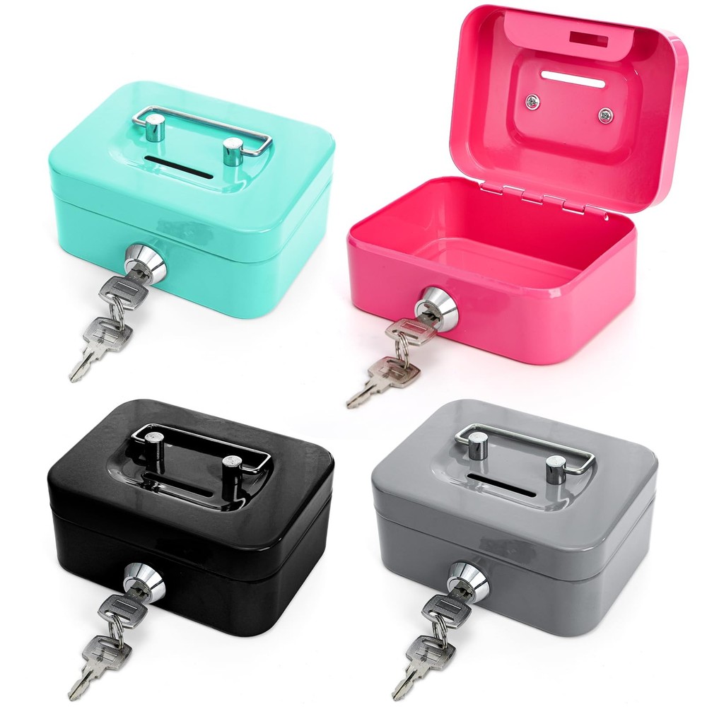 4 Pack Mini Cash Box, Small Metal Money Box with Key Lock, 4.5″L × 3.3″W × 2″…