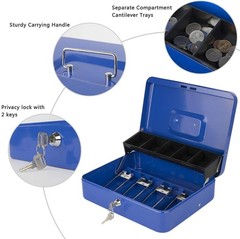 Locking Cash Box with Lock,Money Box with Cash Tray,Lock Safe Box with Key,Blue