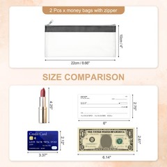 8.7×3.9 Inch Money Bags with Zipper, 2 Pcs Clear PVC Cash Pouch, Black