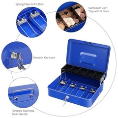 Cash Box with Lock Key Money Tray 11.8×9.4×3.54 Inch Metal Lockbox Blue for Cash