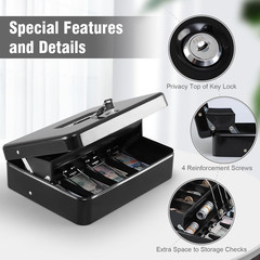 XL Locking Cash Box Key Lock Money Box w/ Tray 4 Bill 5 Coin Slots Black