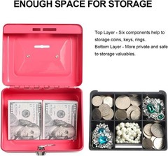 Small Cash Box with Money Tray – Metal Lock box for Kids 5.9″ x4.7″ x 3.2″ Pink