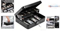 Cash Box with Key Lock Alloy Steel Portable Coin Tray Hidden Storage Black