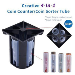 4-In-1 Coin Counter & Sorter Tube Set with Holder Piggy Bank Penny Nickel Dime Q