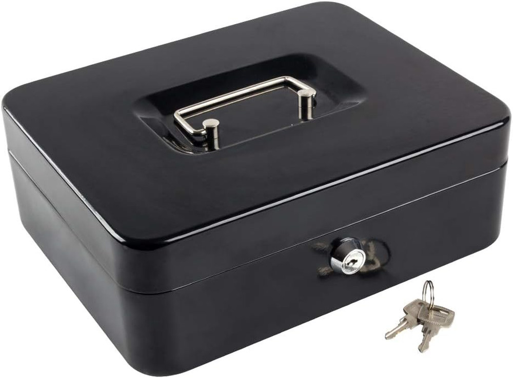Medium Cash Box with Removable Money Tray, Key Lock Metal Storage Box with 2 Key