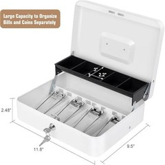 Cash Box with Lock and Money Tray Metal Lock Box 11.8 Inch White for Home