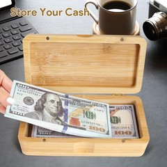 Bamboo Currency Money Cash Tray with Hinged Lid and Magnetic Closure, Single Com