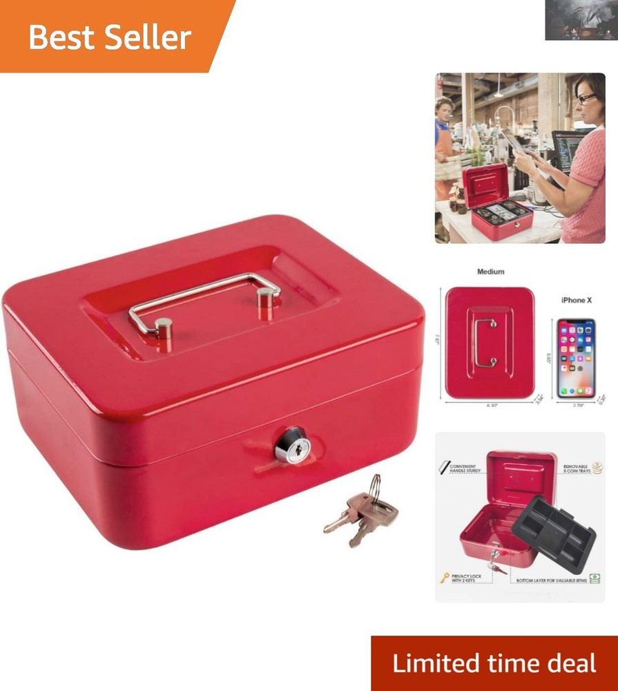 Stylish Red Medium Cash Lockbox with Key & Multiple Compartments for Organizing
