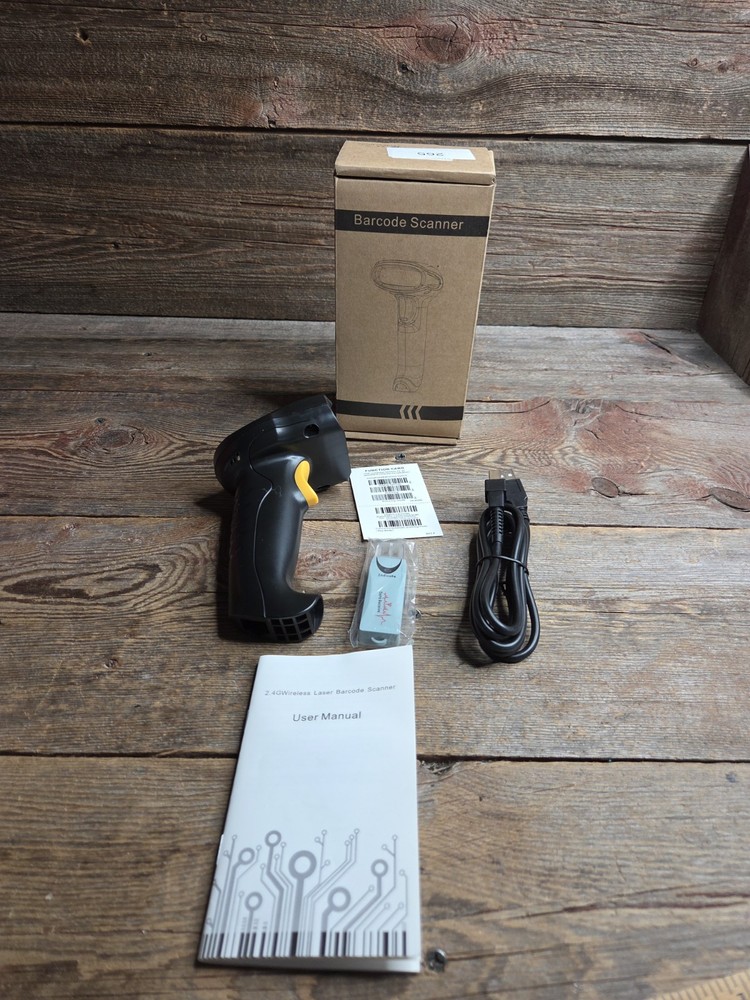 2.4G Laser Barcode Scanner With Box, Charger, Flash Drive, And Manual