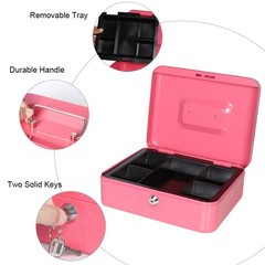 Large Cash Box, Money Tray, Key Lock, 9.8 x 7.9 x 3.5 inches, Pink, Metal