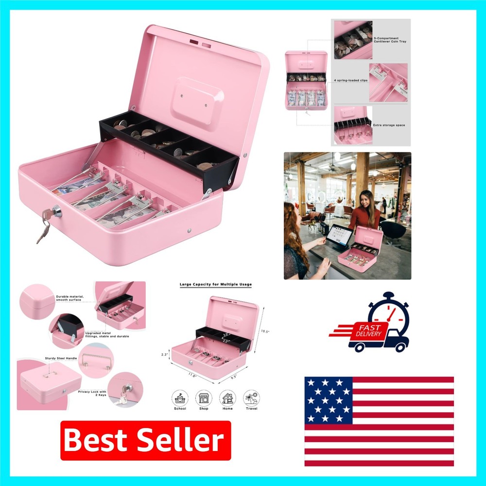 Stylish Pink Cash Box with Key Lock – Tiered Design for Organized Storage