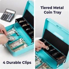 Large Cyan Cash Box with Key Lock – Portable Money Organizer for Sales