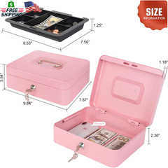 Pink Cash Box with Money Tray and Lock, Metal Money Box for Cash, Lock Box for M