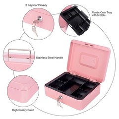 Pink Cash Box With Money Tray And Lock Metal Lock Box For Cash 9.84×7.87 In