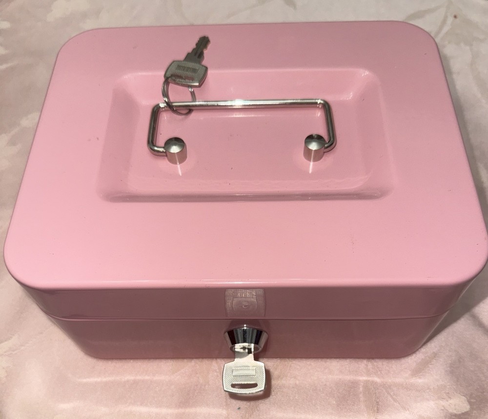 Pink Cash Box w/Lock Handle Locking Money, Metal 2 Key Piggy Bank 7 3/4×6.25”