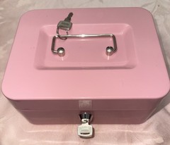 Pink Cash Box w/Lock Handle Locking Money, Metal 2 Key Piggy Bank 7 3/4×6.25”