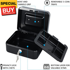 Medium Cash Box with Money Tray,Small Safe with Key,7.87″x 6.30″x 3.54″ Black