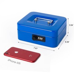 Blue Small Cash Box Combination Lock Metal Money Tray 7.87×6.3×3.54 Inch