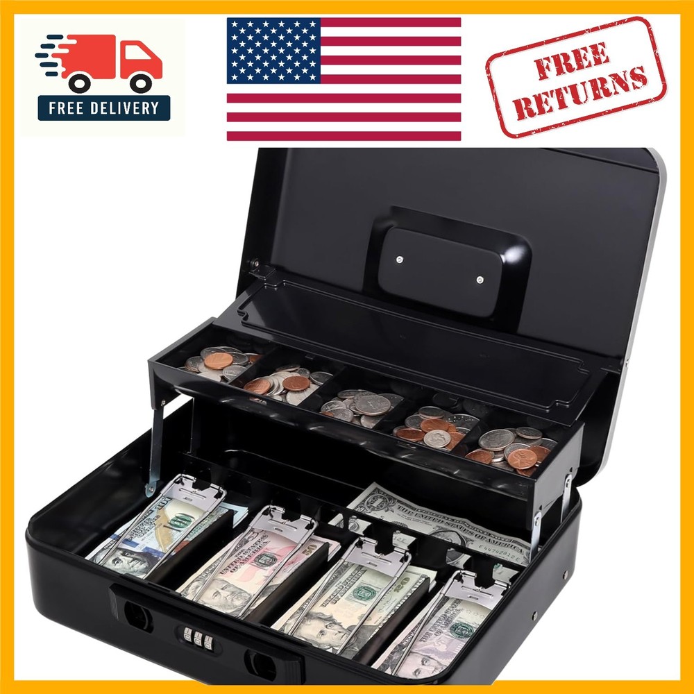 Stylish 11.8″ x 9.5″ Black Cash Box with Sliding Lid – Scratch Resistant Design