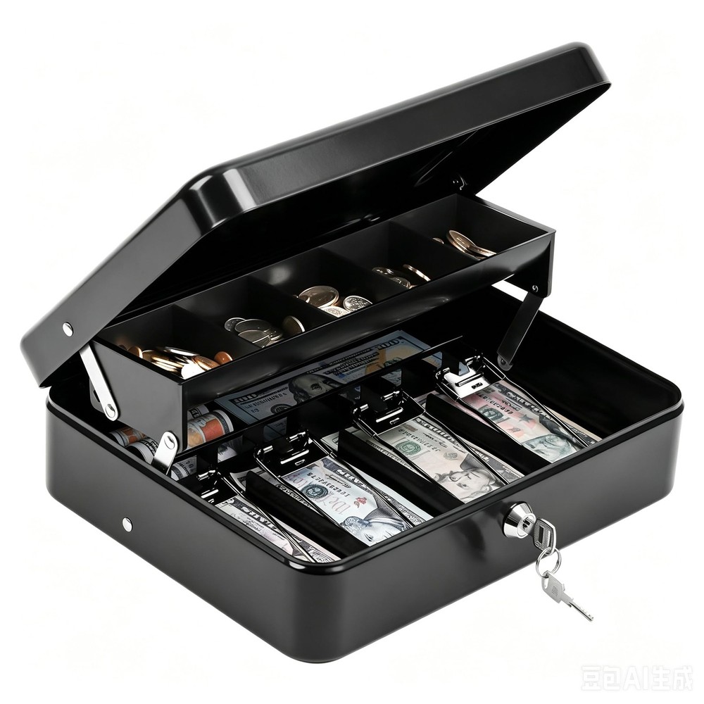 KYODOLED Cash Box with Key Lock–0.7mm Thick Metal Money XL-Key Lock, Black-1