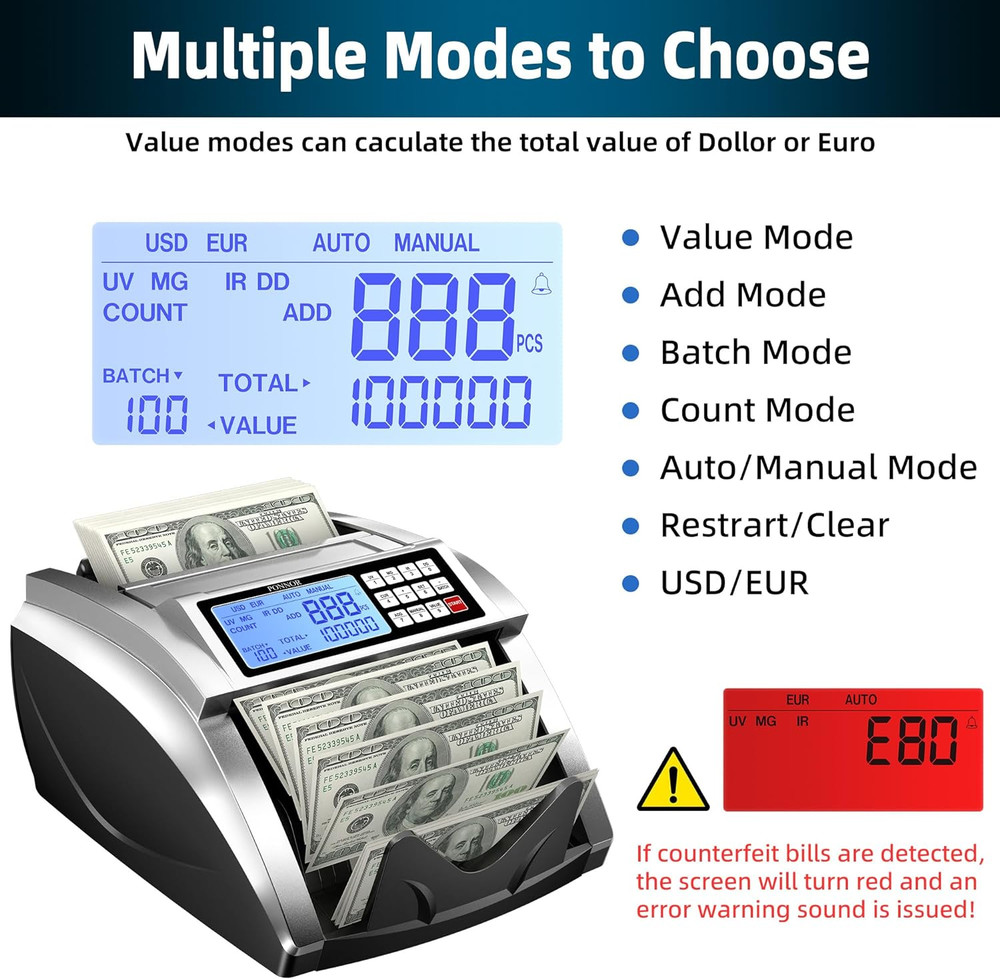 Maquina Contadora Dinero USD EUR Billetes UV/MG/IR/DD/DBL/HLF/CHN Money Counter