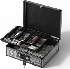 Secure Cash Box with Key Lock & Removable Coin Tray – Large Black 13.5″ x 4.3