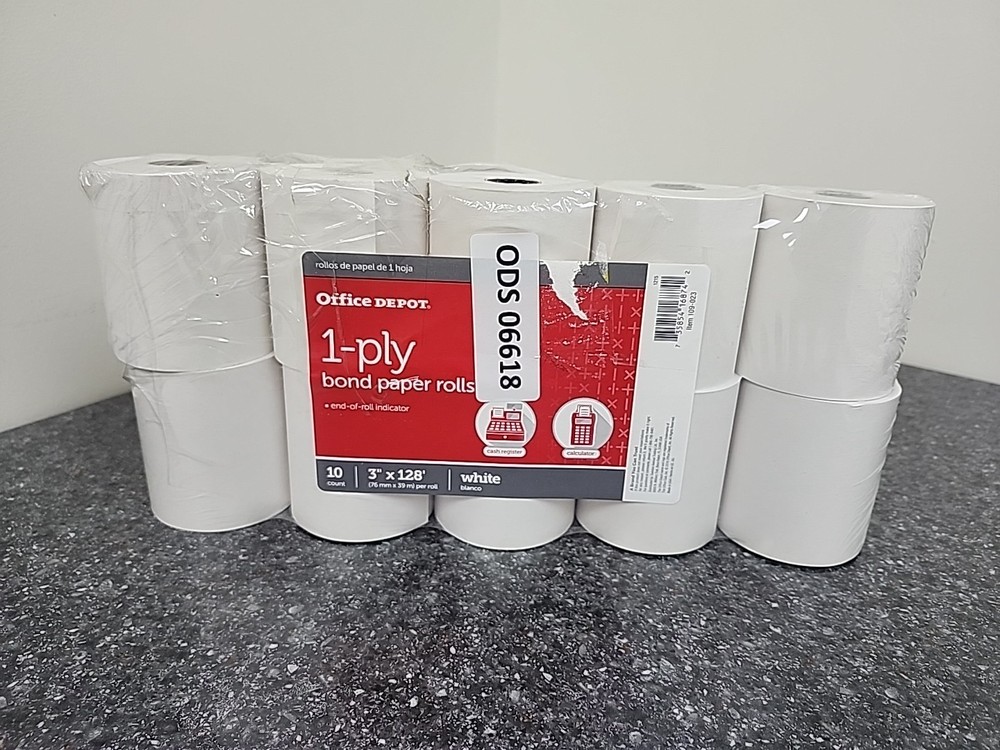 Office Depot Brand 1-Ply Bond Paper Rolls, 3″ x 128′, White, Pack Of 10