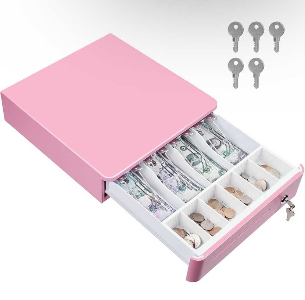 13” Cash Register Drawer Pink 4 Bill 6 Coin Tray Auto-Open with Keys