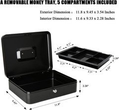 X-Large Black Cash Box with Removable Tray & Key Lock – Organize Your Valuables