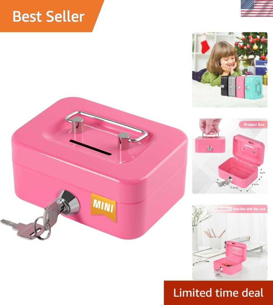 Durable Pink Mini Cash Box with Coin Slot and Key Security – Portable 4.5″x3.4″