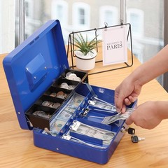 Blue Metal Cash Box with Key Lock & Tiered Tray