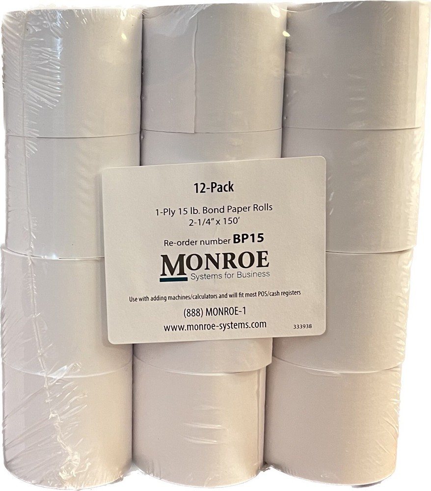 1-Ply 15 lb. Bond Paper Rolls 2-1/4″× 150’, (2) 12-Packs (24 Rolls Total)