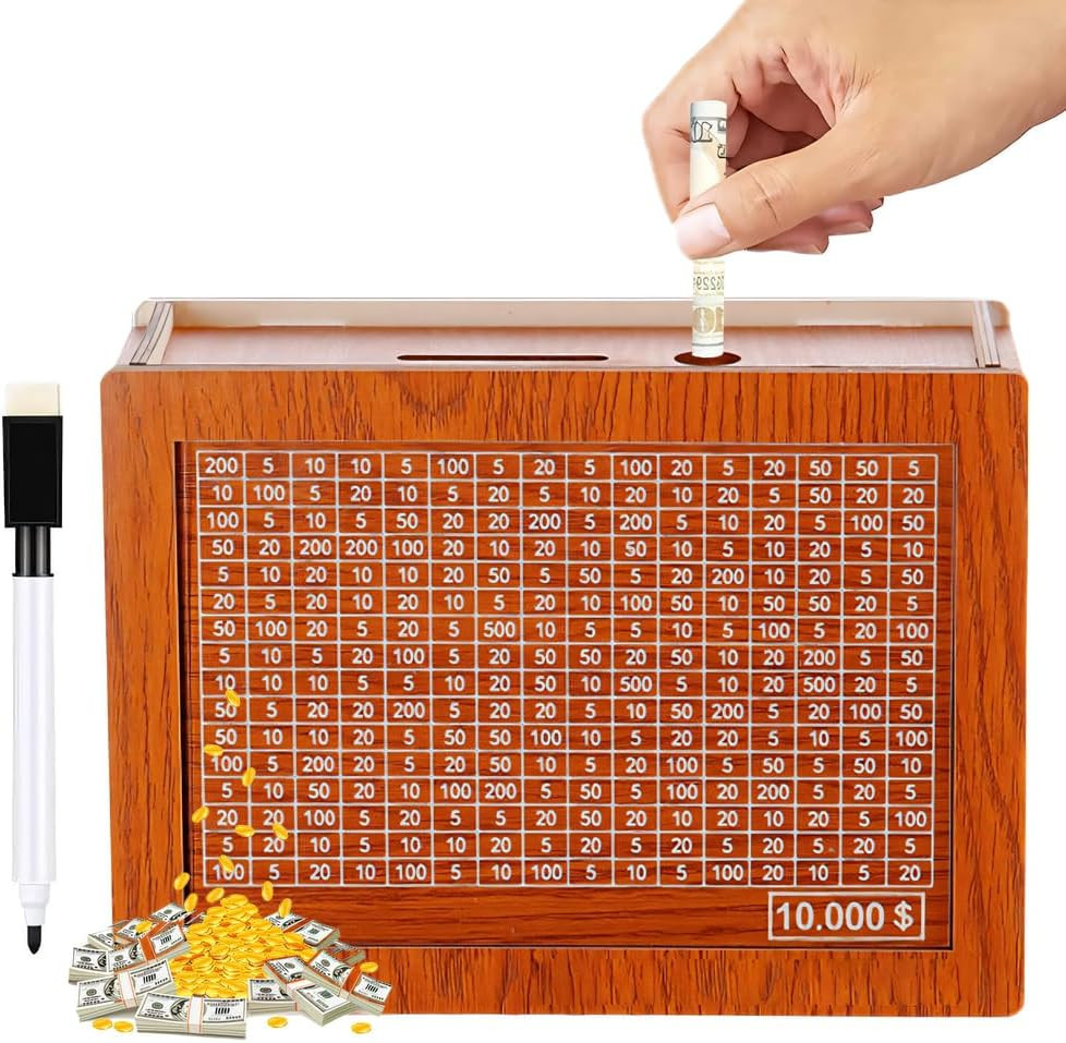 Wooden Cash Vault Savings Box Money Saving Challenge Coin Counter Piggy Bank for