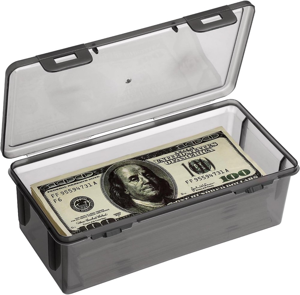 Hipiwe Plastic Cash Box with Lid Black Currency Tray Rectangular Money Organizer